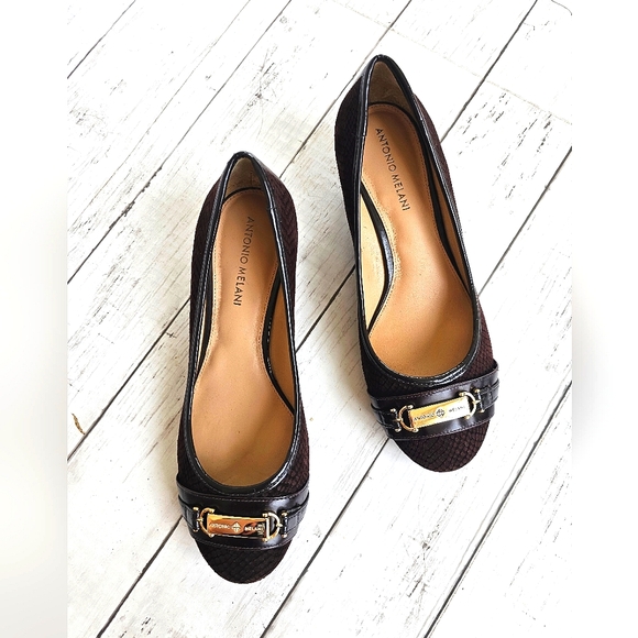 New Antonio Melani Marra Brown Leather Nubuck Snakeprint Wedge Heel Slip on - Picture 4 of 12